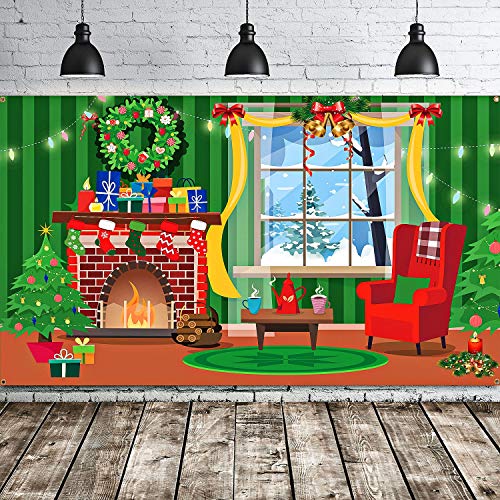 Product Cover Merry Christmas Backdrop Scene Setters Banner Welcome Winter Snow Decorative Xmas Background for Wall Decoration Christmas Party Decor Holiday Time (Green Red Mantel Window)