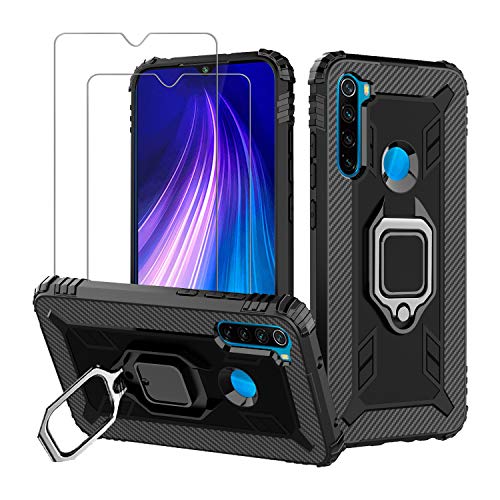 Product Cover Avesfer for Xiaomi Redmi Note 8 Case with Screen Protector Tempered Glass Ring Holder 360 Degree Rotation Kickstand Shock Absorbing TPU Cover Anti Impact Scratch Resistant Carbon Fiber (Black)