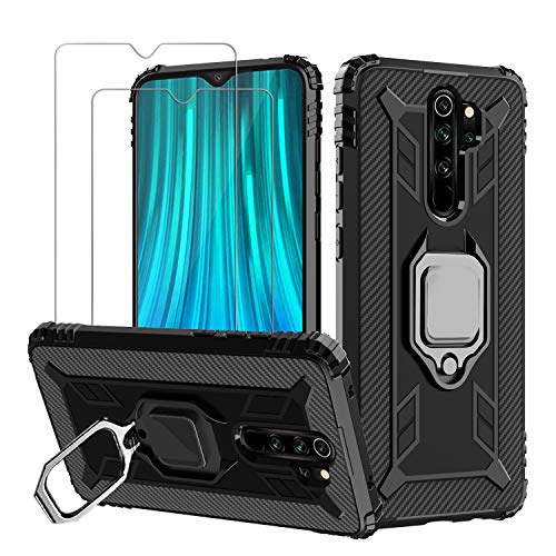 Product Cover Avesfer for Xiaomi Redmi Note 8 Pro Case with Screen Protector Tempered Glass Ring Holder Kickstand Shock Absorbing TPU Cover Ring Holder Kickstand Anti Impact Scratch Resistant Carbon Fiber (Black)