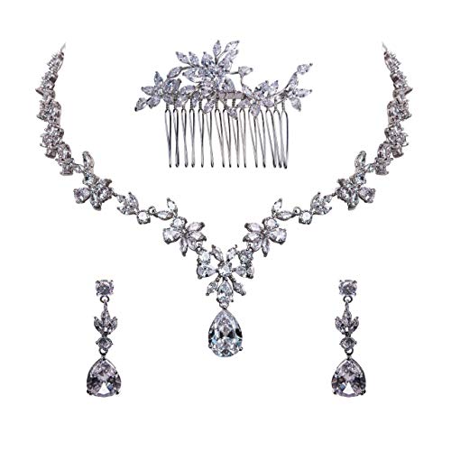 Product Cover Bridal Tennis Necklace and Drop Dangle Earring - Wedding Brides Bracelet - Cubic Zirconia Jewelry Set for Women - Silver Fashion Diamond Accessories