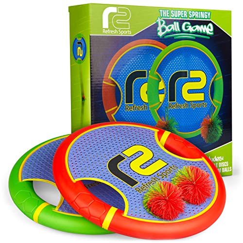 Product Cover Bouncy Disc Paddle Ball Game & Frisbee: Kids Toss and Catch Balls Set Outdoor Games for Yard, Beach, Trampoline & Pool Toys For Boys and Girls ALL AGES. Play Outside Badminton & Launch Water Balloons