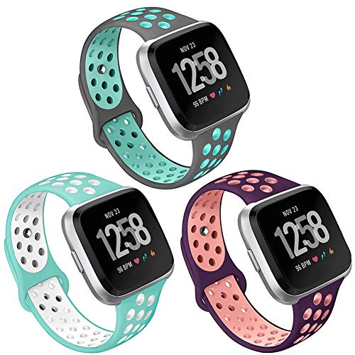Product Cover Kmasic Compatible with Fitbit Versa Bands/Fitbit Versa 2/Fitbit Versa Lite Edition 3-Pack, Sports Breathable Soft Silicone Strap Replacement Wristband Versa Smart Fitness Watch, Large Small