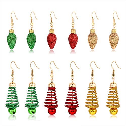 Product Cover Boderier Christmas Earrings Set of 6 Pairs Spiral Wire Christmas Tree Earrings Glitter Christmas Light Bulb Earrings Santa Holiday Gift Jewelry