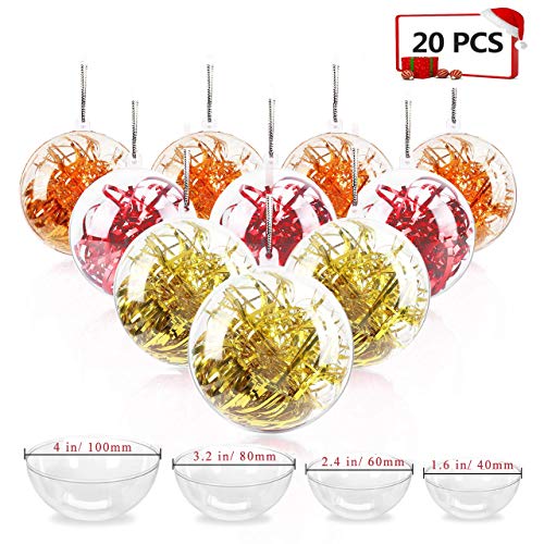 Product Cover Jangostor 20 Pack Clear Ornaments Balls, 40, 60, 80, 100mm Christmas Ornaments Ball to Fill, DIY Plastic Fillable Christmas Decorations Tree Balls Baubles Craft Transparent Ball