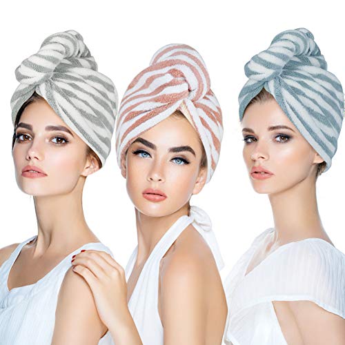 Product Cover 3 Pack Microfiber Hair Towel Wrap Turban for Women, Super Absorbent Quick Dry Bath Shower Dry Head Turban with Buttons, Dry Hair Hat, Bath Hair Cap, Fast Drying & Never Falls off