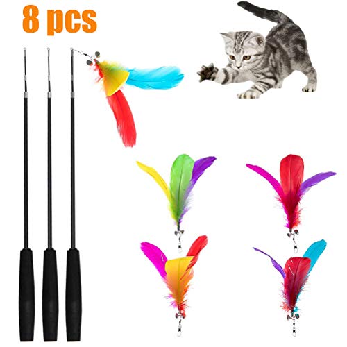 Product Cover PAWCHIE Interactive Cat Feather Toys - Retractable Cat Teaser Wands - 5 Pcs Feather, 3 Pcs Exerciser Wands for Kittens