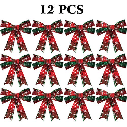 Product Cover WILLBOND Buffalo Plaid Bow Christmas Bows Snowflake Holiday Decorative Bows for Christmas Festival Decoration Supplies (12 Pieces)