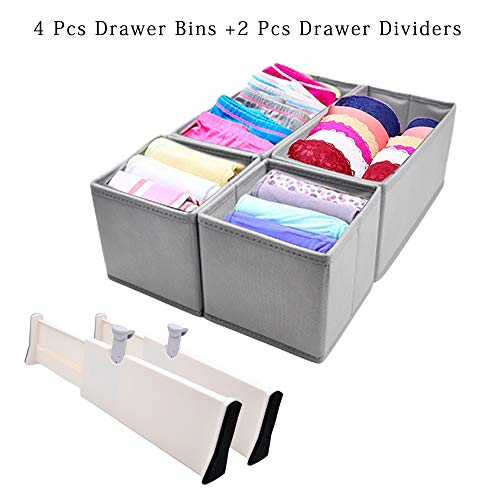 Product Cover Drawer Organizer Closet Underwear Organizer -  4 Pack Foldable Cloth Storage Box with 2 Pack Expandable Drawer Divider, Dresser Drawer Organizer Divider for Clothes, Bra, Socks, Set of 6