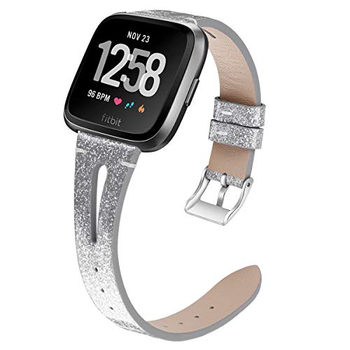 Product Cover Shangpule Compatible with Fitbit Versa/Versa 2/Versa Lite Edition Bands, Genuine Leather Shiny Bling Replacement Strap Wristband for Versa Smart Watch Women Men Large Small (Shiny Silver)