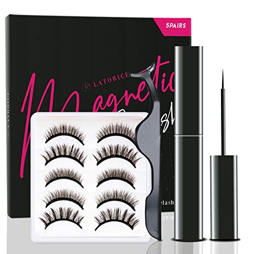 Product Cover Magnetic Eyelashes set with Magnetic Eyeliner & Tweezers, No Glue, High Strength Magnets, Cuttable, Natural & Gorgeous Looking, 5 Pairs