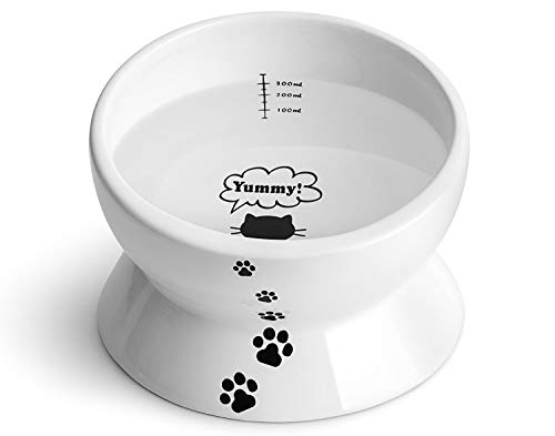 Product Cover Y YHY Ceramic Raised Cat Food Water Bowl, 15 Ounce Slanted Cat Bowl, Tilt Angle Protect Cat's Spine, Stress Free, Backflow Prevention, Gift for Cat, Cat Dish, White