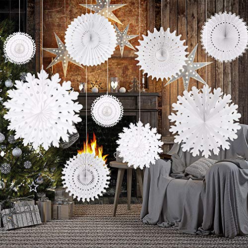 Product Cover TUPARKA 12 Pcs White Paper Snowflake Decorations Frozen Birthday Party Supplies Winter Wonderland Party Decorations Christmas Snowflakes Hanging Decoration,Assort Size