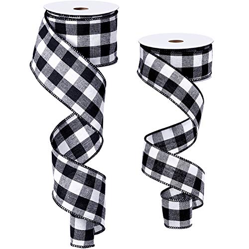 Product Cover Gingham Ribbon Wired Edge Plaid Ribbon Buffalo Checked Ribbon Cambridge Wired Plaid Ribbon for Christmas DIY Craft Festival Party Supply, 11 Yard a Roll (Black and White, 1.5/2.5 Inch)