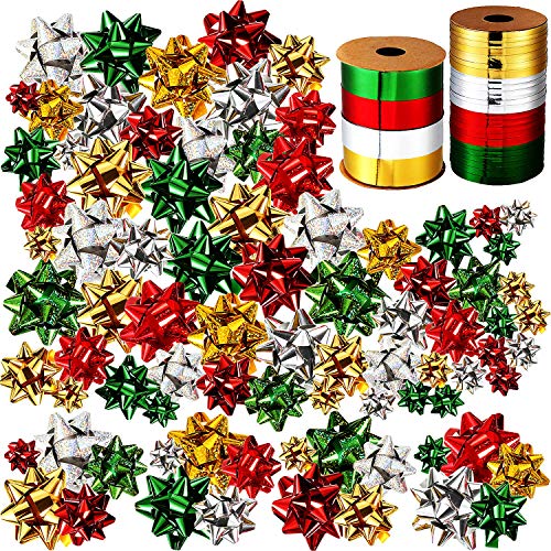Product Cover 60 Pieces Christmas Wrap Bows Self Adhesive Metallic Gift Bows and 131 Feet Christmas Curling Ribbons for Xmas Party Favor
