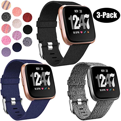 Product Cover Wepro Bands Compatible with Fitbit Versa 2 / Fitbit Versa/Fitbit Versa Lite Women Men, Woven Fabric Watch Strap Replacement Wristband for Fitbit Versa SmartWatch, Large, Black/Blue/Black Gray