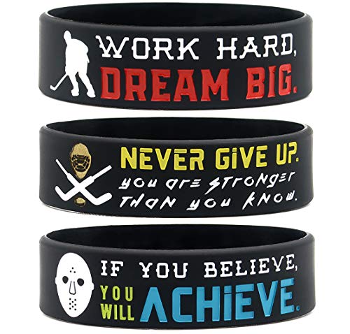 Product Cover (6-Pack) Motivational Hockey Wristbands with Sports Quotes - Hockey Gifts Jewelry Accessories for Hockey Players Team Awards Party Favors - Unisex for Men Women Youth Teen Girls Boys