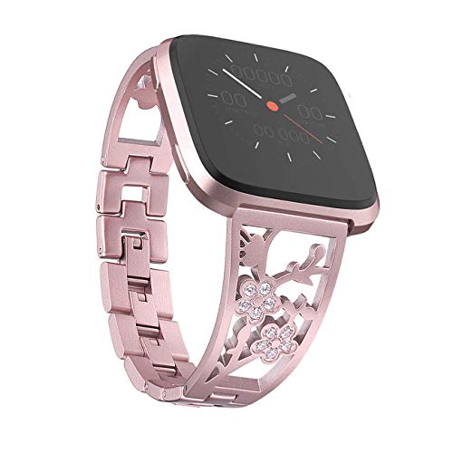Product Cover Mtozon Stainless Steel Bands Compatible with Fitbit Versa 2/Versa Lite/Versa for Women, Luxurious Bling Bracelet with Rhinestone Metal Wristbands, Rose Gold