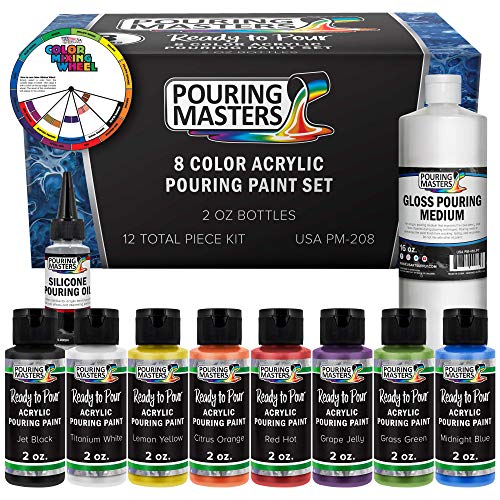 Product Cover Pouring Masters 8 Color Ready to Pour Acrylic Pouring Paint Set - Premium Pre-Mixed High Flow 2-Ounce Bottles - for Canvas, Wood, Paper, Crafts, Tile, Rocks and More