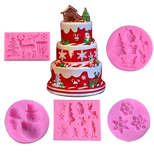 Product Cover Christmas Theme Reusable Silicone Fondant Mold Set of 5 Pieces - Christmas tree, santa claus, 3d snowflake, elk, snowman, sleigh, crutches, icicle, Great for Cake Decoration, Candy, Cupcake, Chocolate
