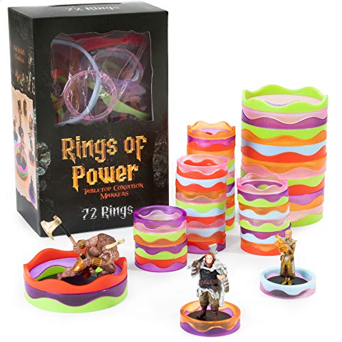 Product Cover Rings of Power - Tabletop Condition Markers - RPG Board Game Accessories - Colorful Ring Set for HP, Effects, Damage, Spells, & Stats - for DND & More Strategy Games - 72 Pieces, Standard & Mini Size