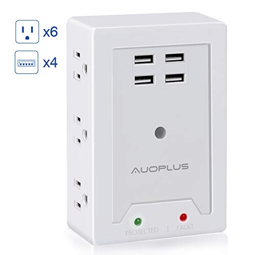 Product Cover Multi Outlet Wall Adapter, AUOPLUS Power Strip with 6 AC Outlets and 4 USB Ports(5V/3.1A)- Mountable Grounded Surge Protector, Portable Outlet Extender for TV Computer Laptops Smartphone Home Office