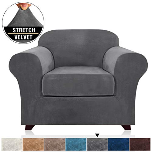 Product Cover Rich and Thick Velvet Stretch 2 Piece Chair Cover/Slipcover, Original Velvet Furniture Protector/Cover for Armchair Cover for Living Room, Machine Washable (One Cushion Chair, Grey)