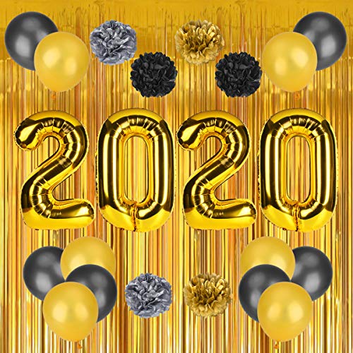 Product Cover 2020 New Years Decorations Kit, Gold White and Black Balloons Sets, Paper Pom Poms with Gold Foil Curtain for Graduations Party Supplies, New Years Eve Party Supplies, Home Decorations  (24 PCS)