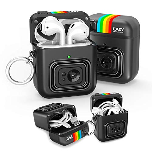 Product Cover Nicwea Cute AirPods Case with Keychain Silicone Protective Magnetic Cover Compatible with Airpods 2 & 1 Charging Case (Front LED Visible) Earphone Organizer USB Cable Winder Storage Cases - Black