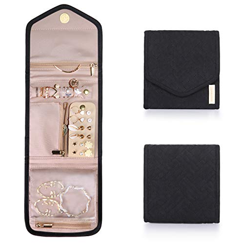 Product Cover bagsmart Travel Jewelry Organizer Case Foldable Jewelry Roll for Journey-Rings, Necklaces, Earrings, Bracelets, Black Mini