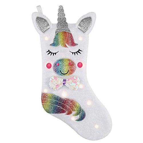 Product Cover PGYFIS Unicorn Christmas Stocking with LED Light Sparkly Sequins Stockings for Holiday Decoration (Unicorn)
