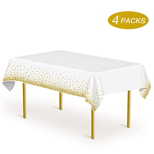 Product Cover Mokani Disposable Plastic Tablecloths, 4 Pack Party Rectangle Table Cloths, Gold Dot Confetti Rectangular Table Covers for Picnic Weddings Birthday Parties Thanksgiving Christmas, 54