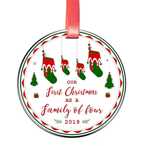 Product Cover Elegant Chef Our First Christmas as a Family of 4 Christmas Ornament Dated 2019 for Mom Dad- Xmas Holidays Celebration Decoration Gift- Parents Newborn Festival Keepsake- 3 inch Flat Stainless Steel