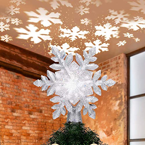 Product Cover Yostyle Christmas Tree Topper Lighted with White Snowflake Projector, LED Rotating Snowflake, 3D Glitter Lighted Sliver Snow Tree Topper for Christmas Tree Decorations