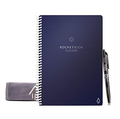 Product Cover Rocketbook Fusion Smart Reusable Notebook - Calendar, To-Do Lists, and Note Template Pages with 1 Pilot Frixion Pen & 1 Microfiber Cloth Included - Midnight Blue Cover, Executive Size (6