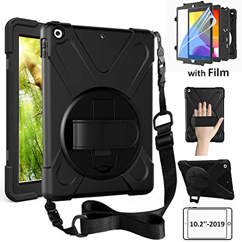 Product Cover ZenRich New iPad 10.2 2019 Case, iPad 7th Generation Case with Screen Protector, 360 Rotatable Kickstand, Hand Strap and Shoulder Strap, Shockproof Case for iPad 10.2 inch Tablet A2197/A2198/A2200