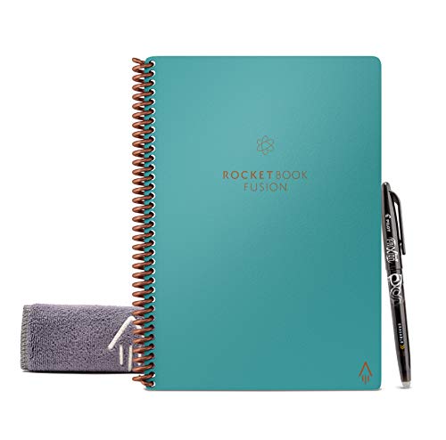 Product Cover Rocketbook Fusion Smart Reusable Notebook - Calendar, To-Do Lists, and Note Template Pages with 1 Pilot Frixion Pen & 1 Microfiber Cloth Included - Neptune Teal Cover, Executive Size (6