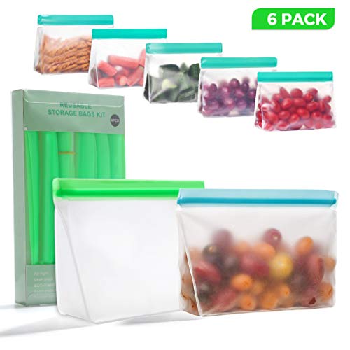 Product Cover Reusable Storage Bags, 6PCS LARGE Leakproof Ziplock Bags, Reusable Freezer Lunch Sandwich Bags, Reusable Snack BPA Free Food Bags for Marinate Meats, Snack, Sandwich, Fruit, Travel, Cereal, Veggies