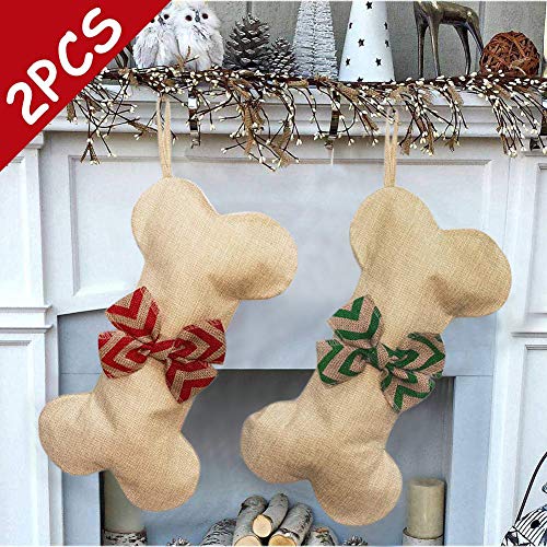 Product Cover 2 Pack Personalized Dog Christmas Stockings, Natural Burlap Xmas Stocking Decorations with Bowknot for Pets Cat, Large 15.5 inch X 8 inch
