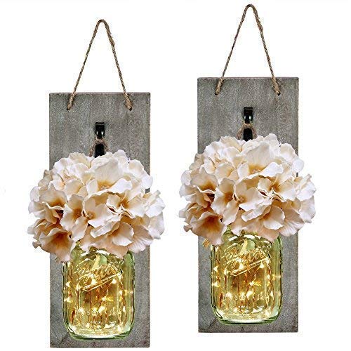 Product Cover HABOM Rustic Mason Jar Wall Decor Sconces - Decorative Home Lighted Country House Hanging with LED Fairy Strip Lights and Flowers Hydrangea Farmhouse Sconce Jars (Set of 2)