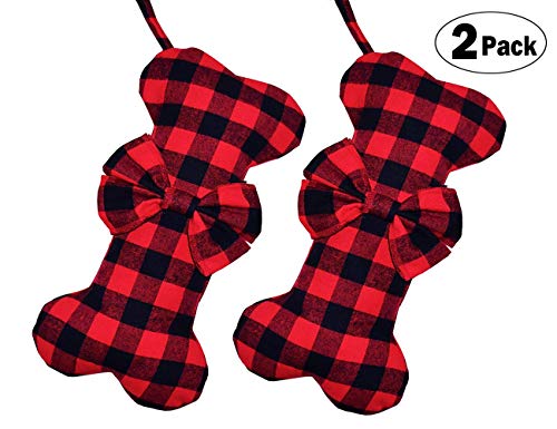 Product Cover Senneny 2 Pack Pet Dog Christmas Stockings Classic Buffalo Red Black Plaid Large Bone Shape Hanging Christmas Stocking for Dogs Pets