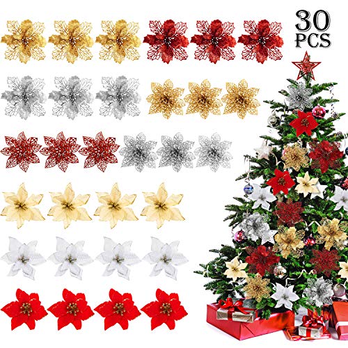Product Cover WILLBOND 30 Pieces Christmas Glitter Poinsettia Flowers Decorative Poinsettia Flowers Ornaments for Christmas Tree Wreaths, 9 Styles
