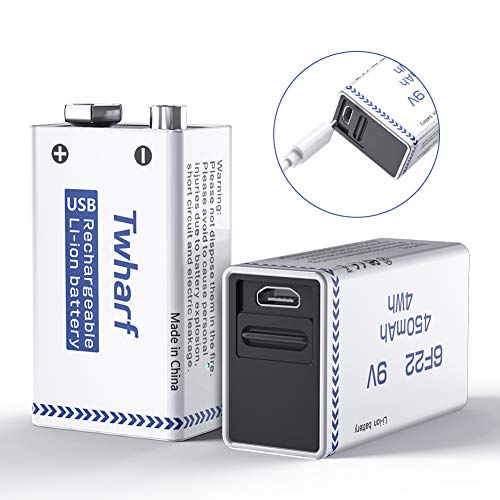 Product Cover Twharf USB Rechargeable 9V Lithium Battery 450mAh 9V Battery Rechargeable with Build-in Safety Protection Chip 9V Rechargeable Batteries (2 Pack)