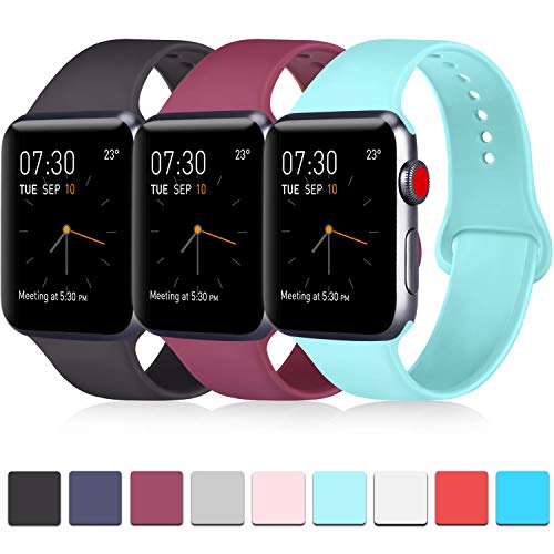 Product Cover Pack 3 Compatible with Apple Watch Band 38mm 40mm 42mm 44mm, Soft Silicone Band Replacement for Apple iWatch Series 4, Series 3, Series 2, Series 1 (Black/Wine Red/Light Blue, 42mm/44mm-S/M)