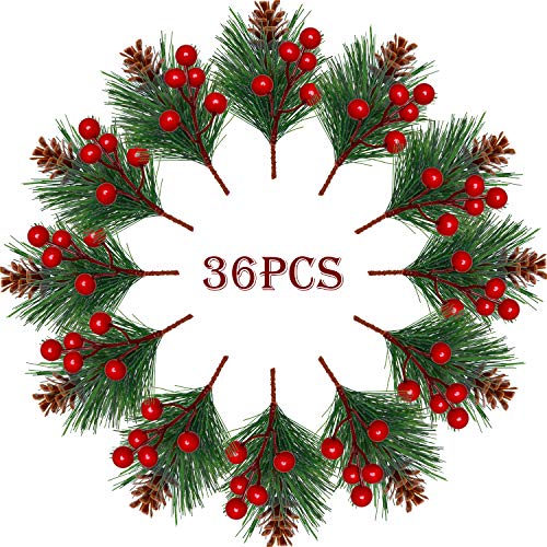 Product Cover 36 Pieces Artificial Pine Picks Fake Red Berries Branches Pine Cones for Christmas Indoor Outdoor Decoration DIY Crafts