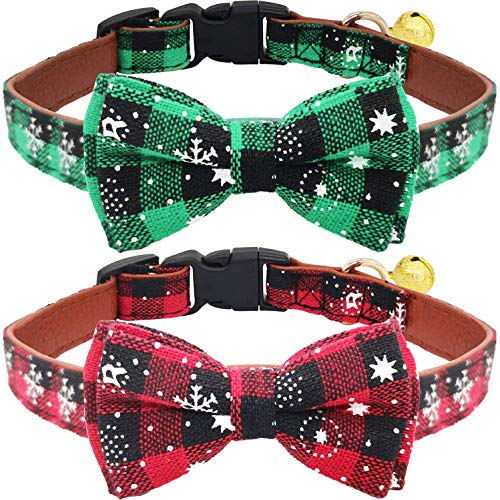 Product Cover KUDES 2 Pack/Set Christmas Snowflake Dog Collars Breakaway with Bow Tie and Bells for Cat and Small/Medium/Large Pets, Red & Green (M(11.8''-17.8''), Red+Green 2)