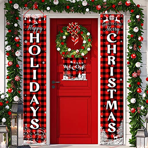 Product Cover 3 Pieces Christmas Plaid Porch Sign Merry Christmas Banner Happy Holidays Banner Welcome Banner Front Door Hanging Sign for Christmas Home Wall Indoor Outdoor Decoration