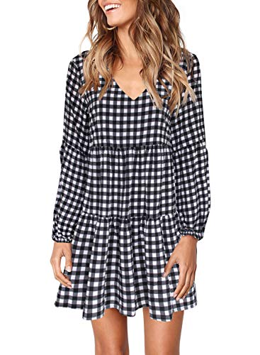 Product Cover Women's V Neck Bishop Sleeves Soft Loose Tunic Dress Knee Length White Small Plaid L
