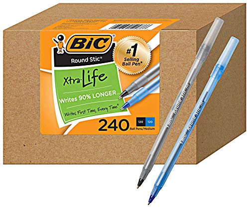 Product Cover BIC PENS Large Bulk Pack of 240 Ink Pens, Bic Round Stic Xtra Life Ballpoint Pens Medium point 1.0 mm, 120 Black Pens & 120 Blue Pens in Box Combo Pack