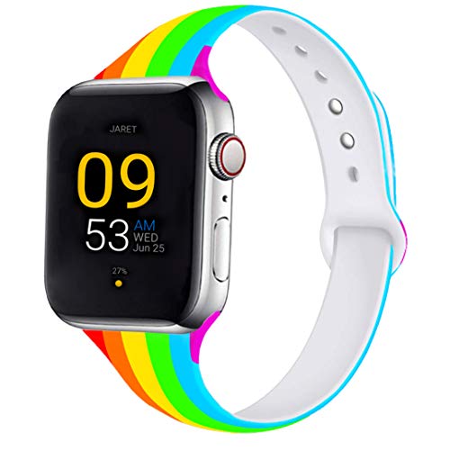 Product Cover Elaikement Floral Sport Bands Compatible for iWatch Band 38mm 40mm, Silicone Narrow Slim Pattern Printed Replacement Strap Compatible for Apple Watch Band Series 5 4 3 2 1 Women Men - Rainbow