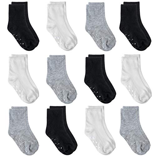 Product Cover 12 Pairs Non Slip Toddler Socks Crew Socks with Grips for Baby Boys Girls (Black,White,Grey, 2T/4T)